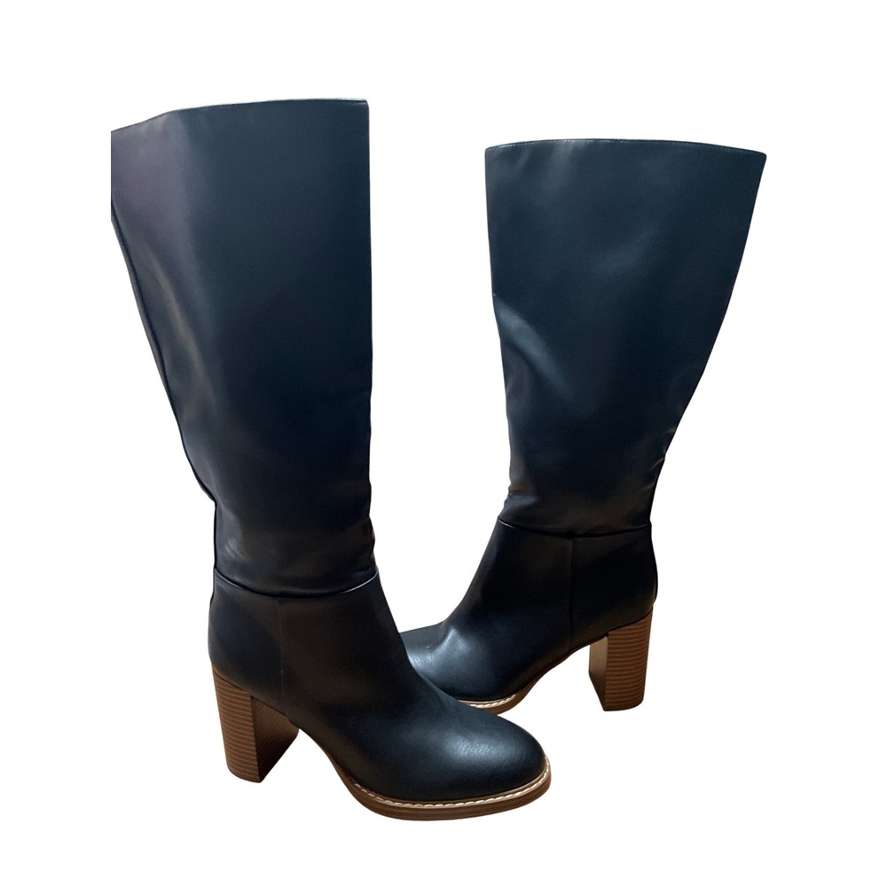 Marc Fisher Womens Black Faux Leather Knee High Stacked Block Heel Boots Size 8M